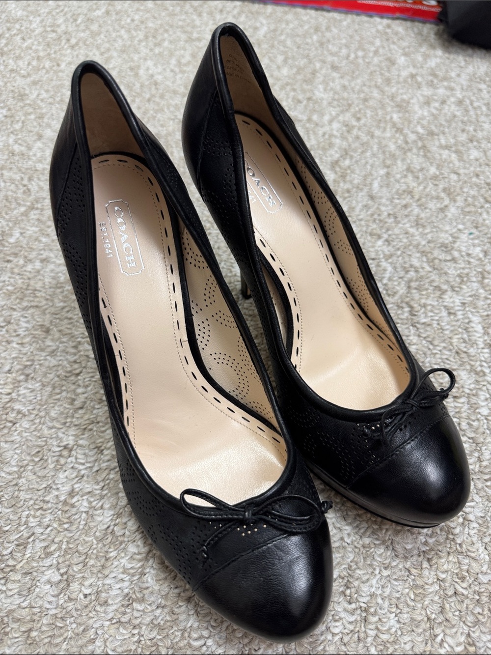 Coach Black Leather Bow Cap-Toe Heels